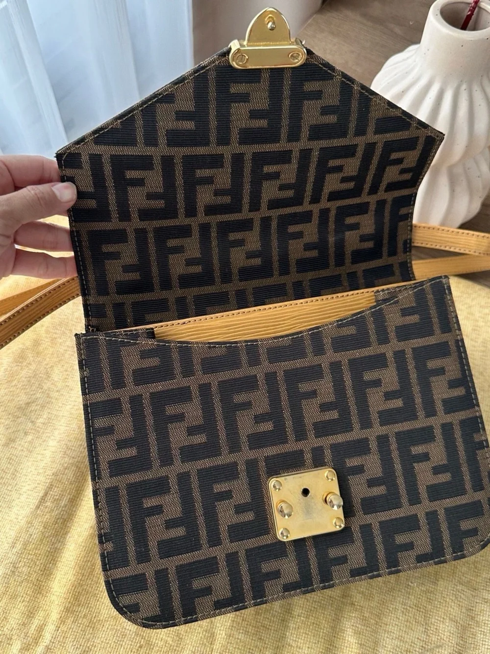 Fendi Brown FF Monogram Shoulder Bag with Tan Leather Strap